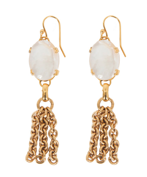 Tassel earrings with mother of pearl stone, ear drop on ear wire, gold chain fringe tassel