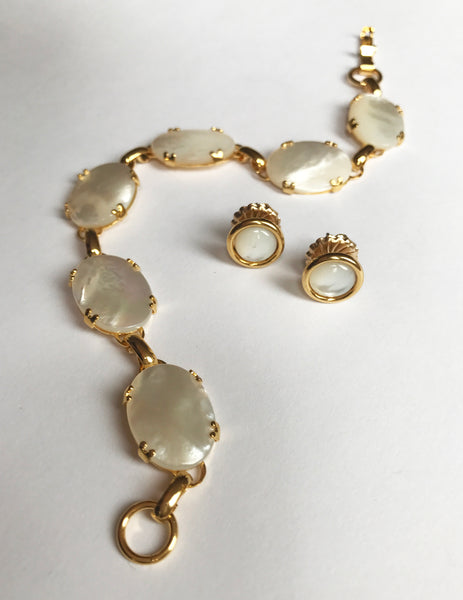 mother of pearl, bracelet, studs, gold plated, gold, stones, link, delicate jewelry, mothers day gift, cabochon, prong setting, handmade jewelry, made in the united states, american made