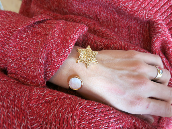 star cuff with mother of pearl and 14k gold plated real stones 